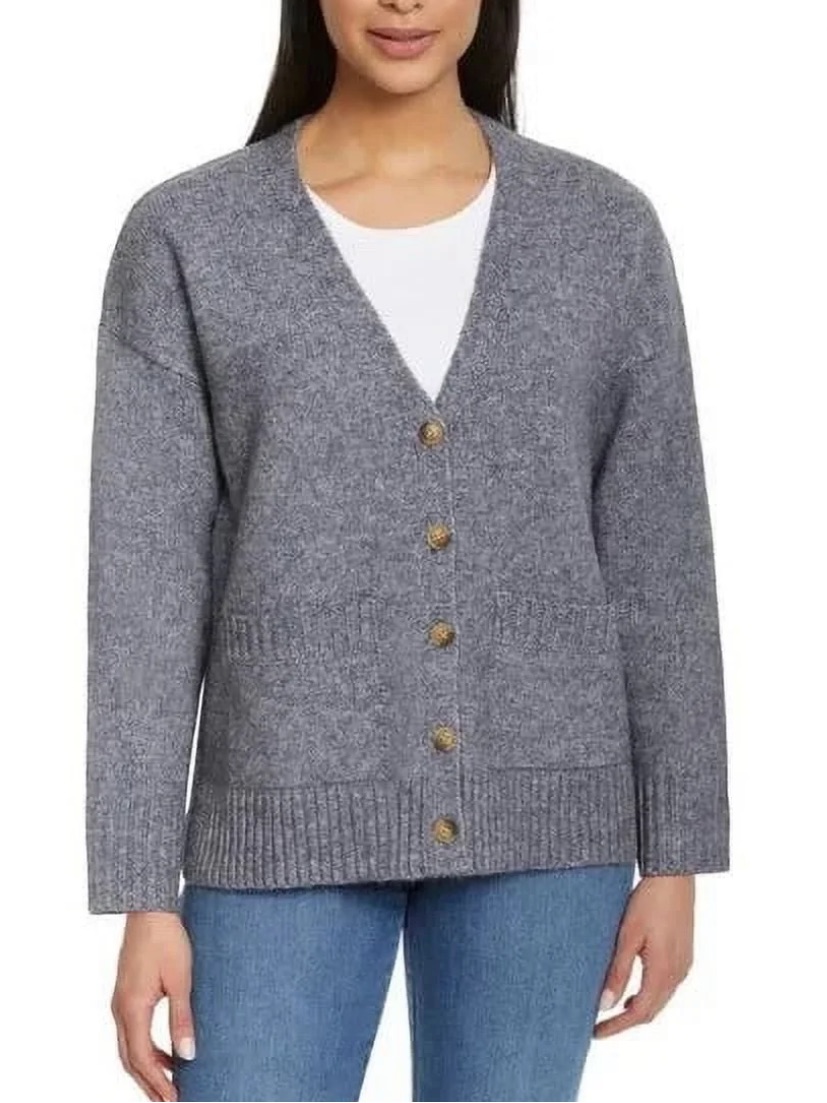 New Ella Moss Grey Button-Front V-Neck Women's Sweater Cardigan